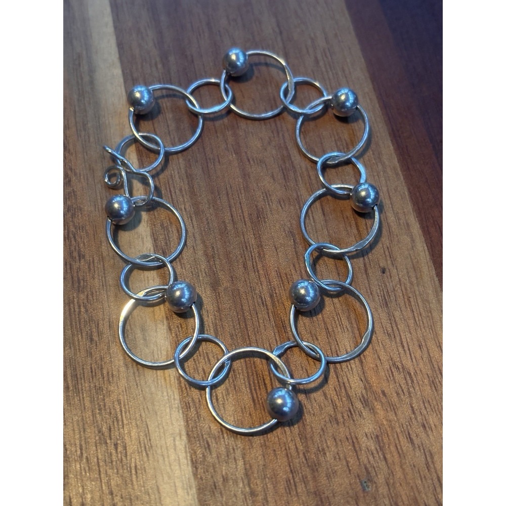 Vintage Sterling Silver Beads & Circles Chain Link Bracelet 6.9 Grams 7.25"
